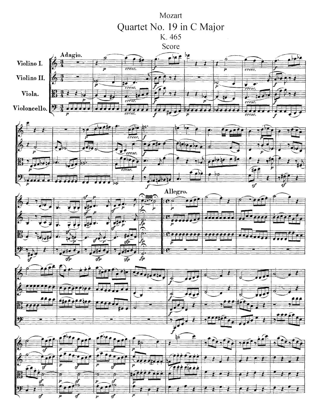 Mozart《Quartet No.19 in C Major,K.465》（总谱）