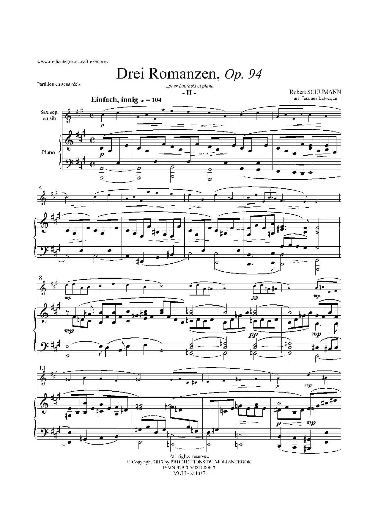 三首浪漫曲 Op.94（高音萨克斯+钢琴伴奏）