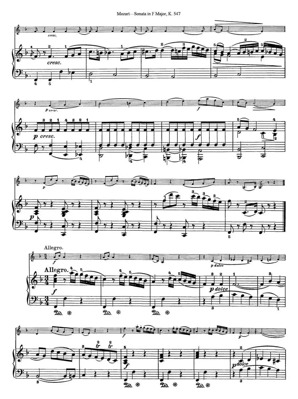 Violin Sonata in F Major K.547（小提琴+钢琴伴奏）