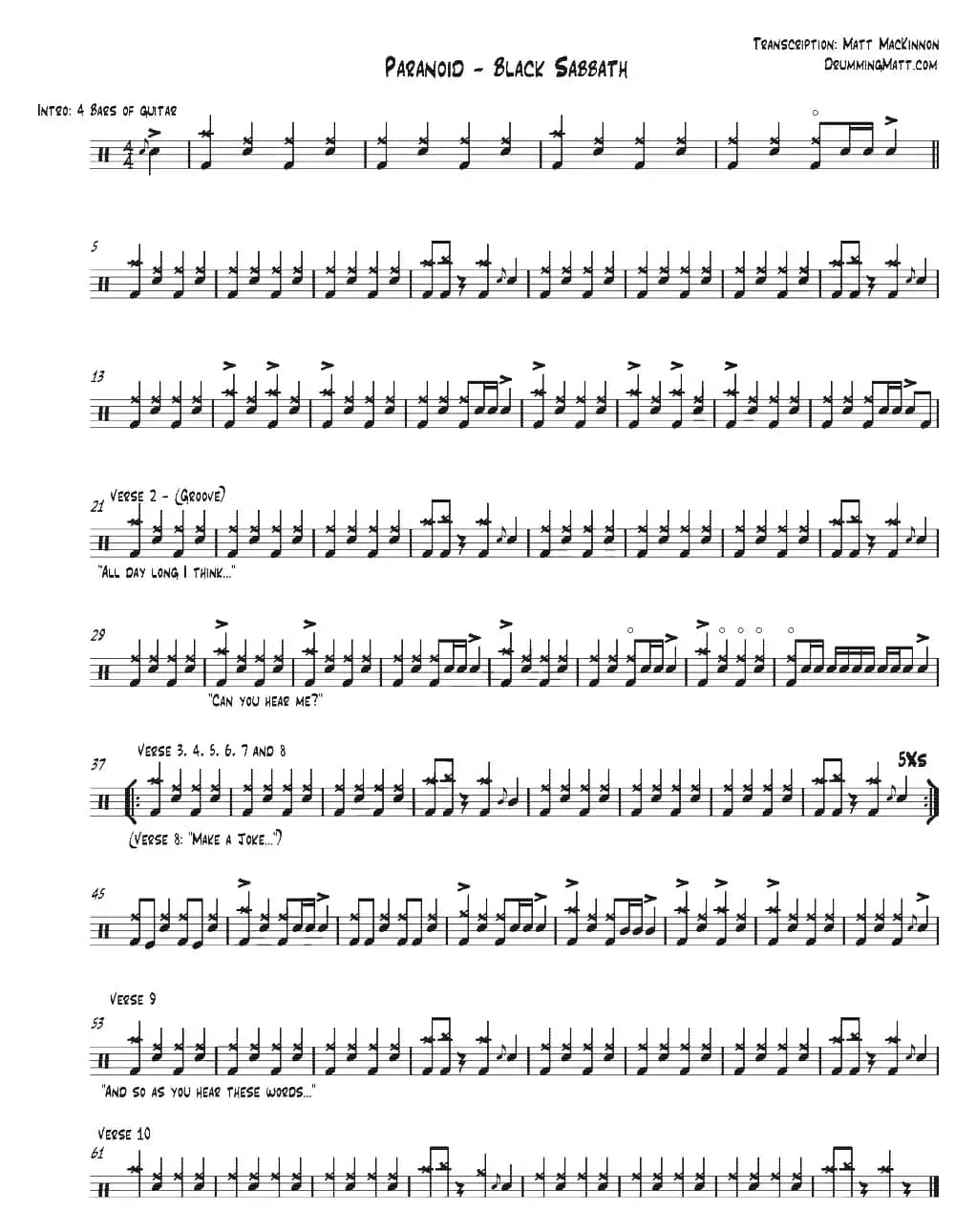 爵士鼓谱：Black Sabbath - Paranoid