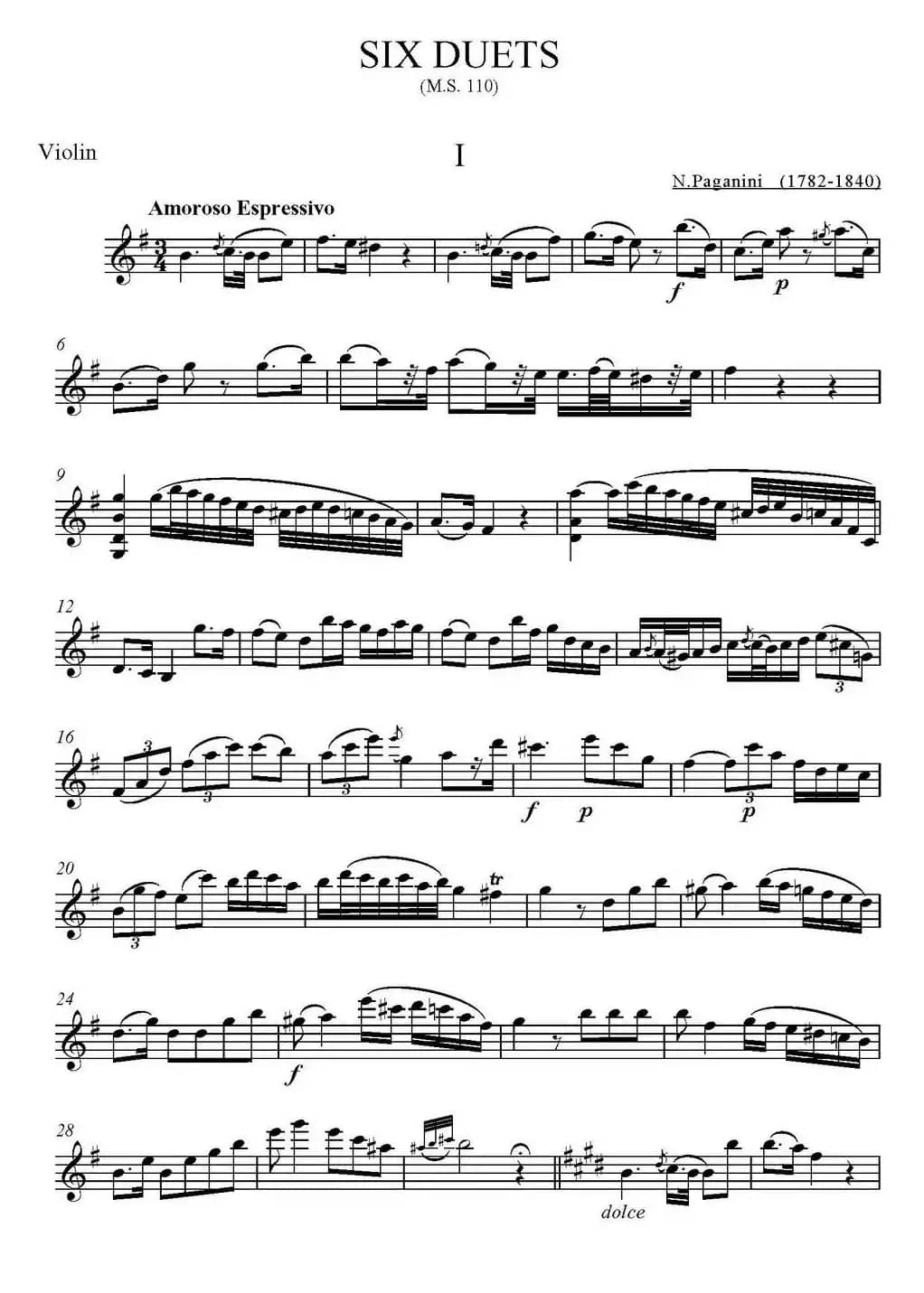 帕格尼尼六首《小提琴和吉他二重奏》 (M.S.110)（小提琴分谱）