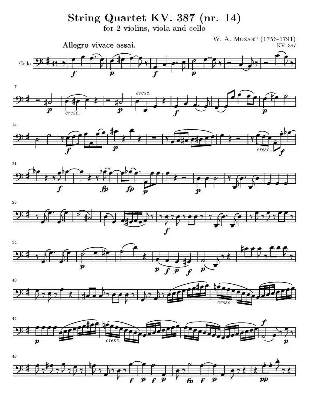 String Quartet KV.387（弦乐四重奏大提琴分谱）