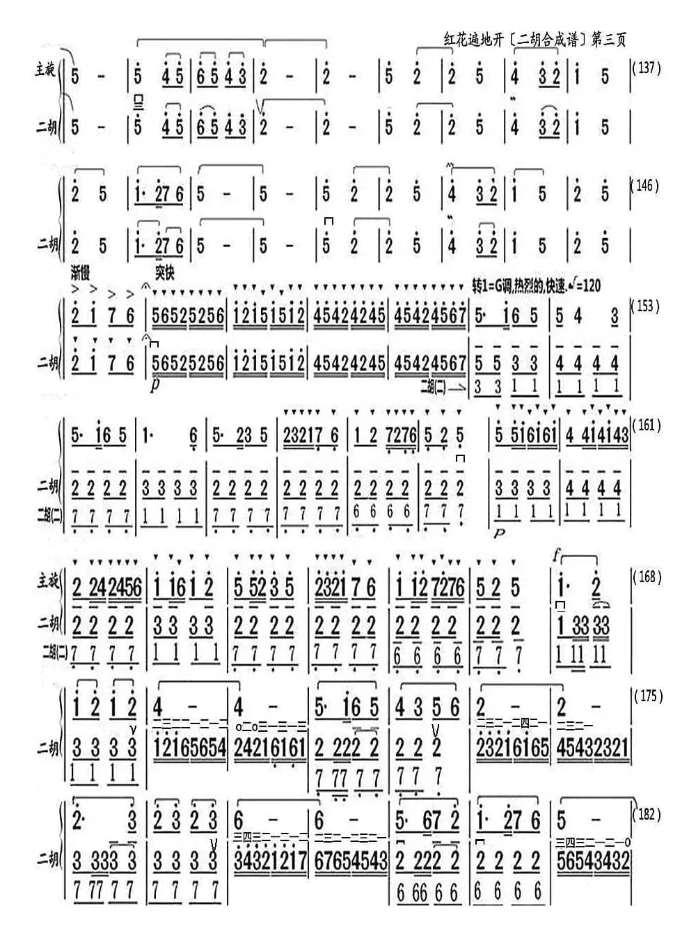 大寨红花遍地开（二胡与笛子主旋合成谱）