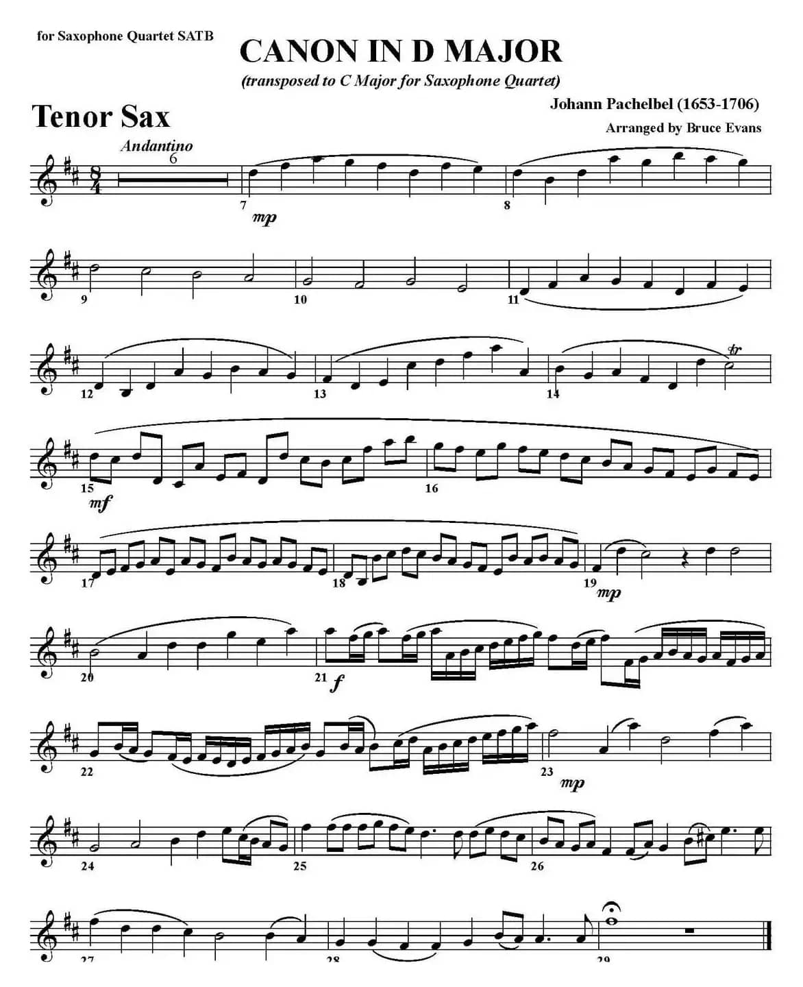 CANON IN D MAJOR（四重奏·次中音萨克斯分谱）