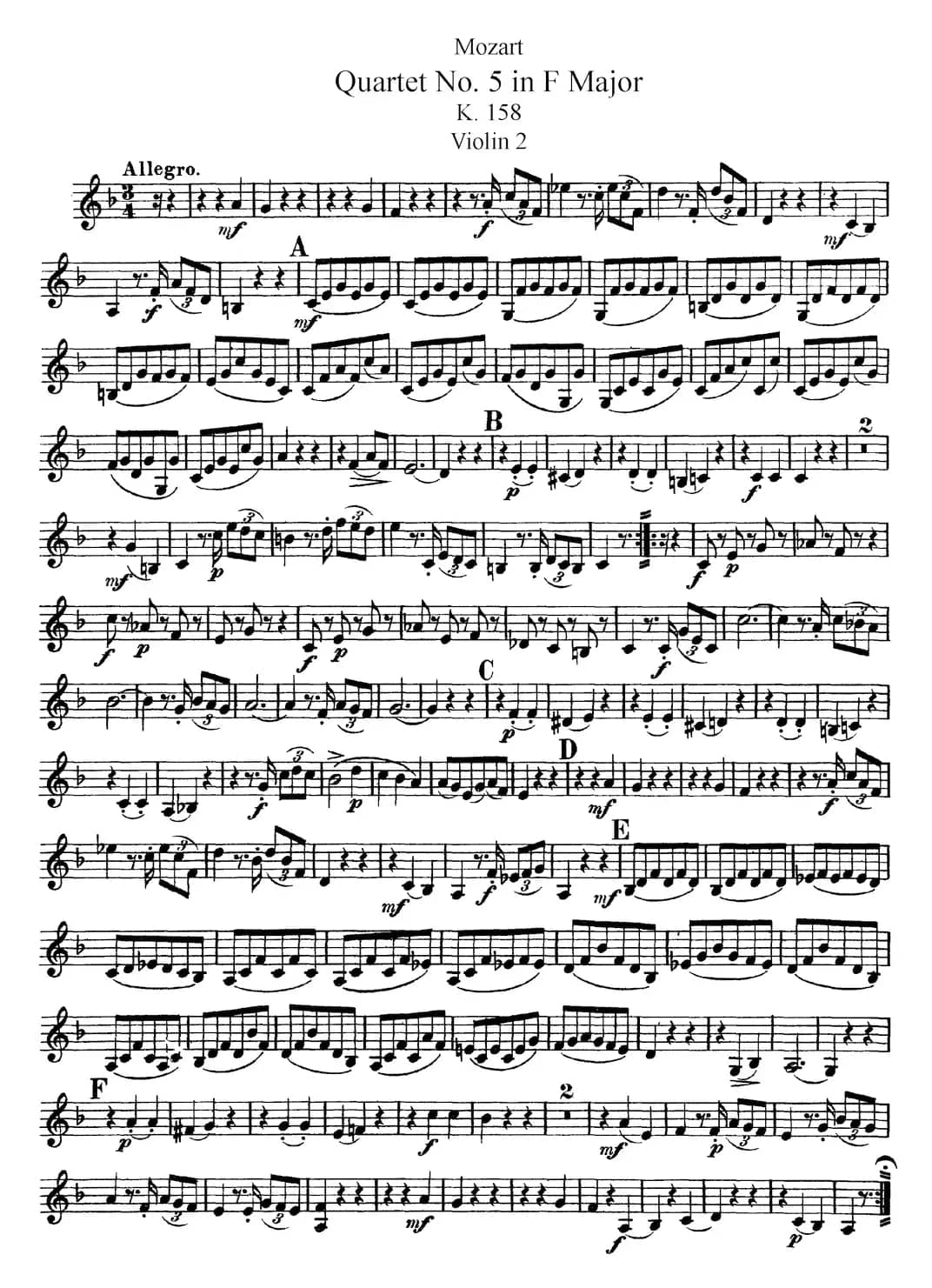 Mozart《Quartet No.5 in F Major,K.158》（Violin 2分谱）