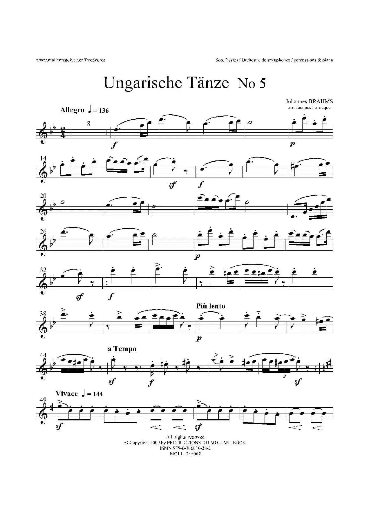 Ungarische Tnze No 5（十五重奏Sop.1-2​分谱）