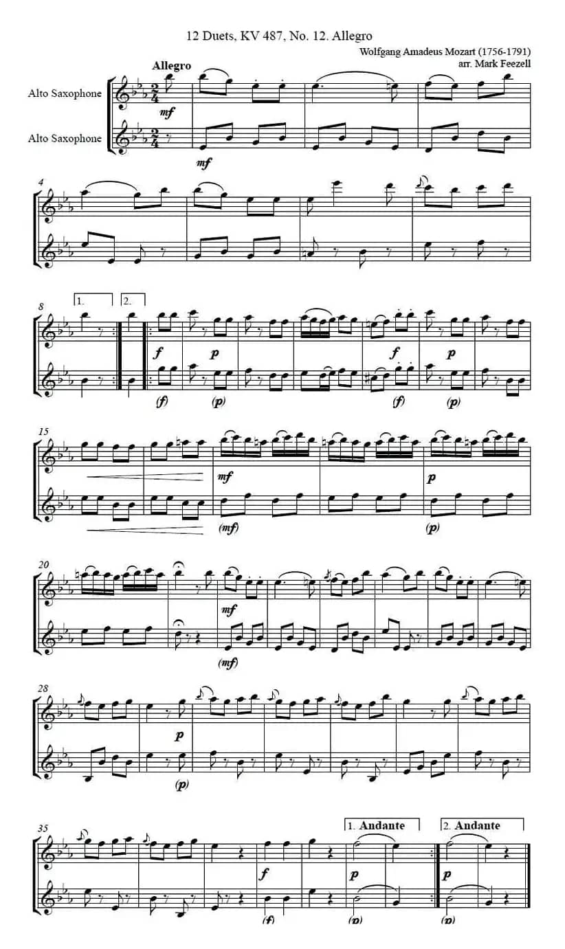 Wolfgang Amadeus Mozart - 中音萨克斯二重奏一首