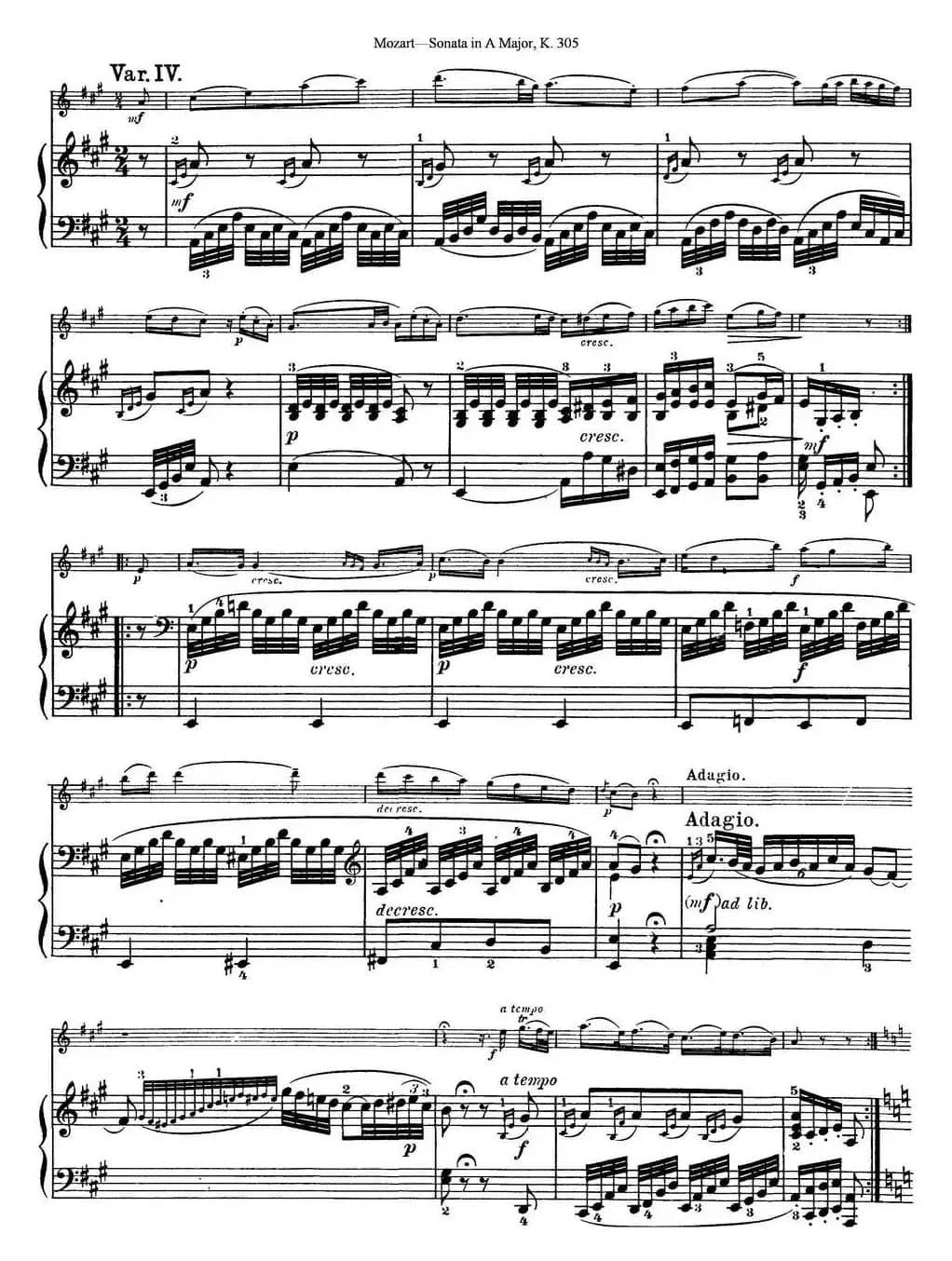 Violin Sonata in A Major K.305（小提琴+钢琴伴奏）