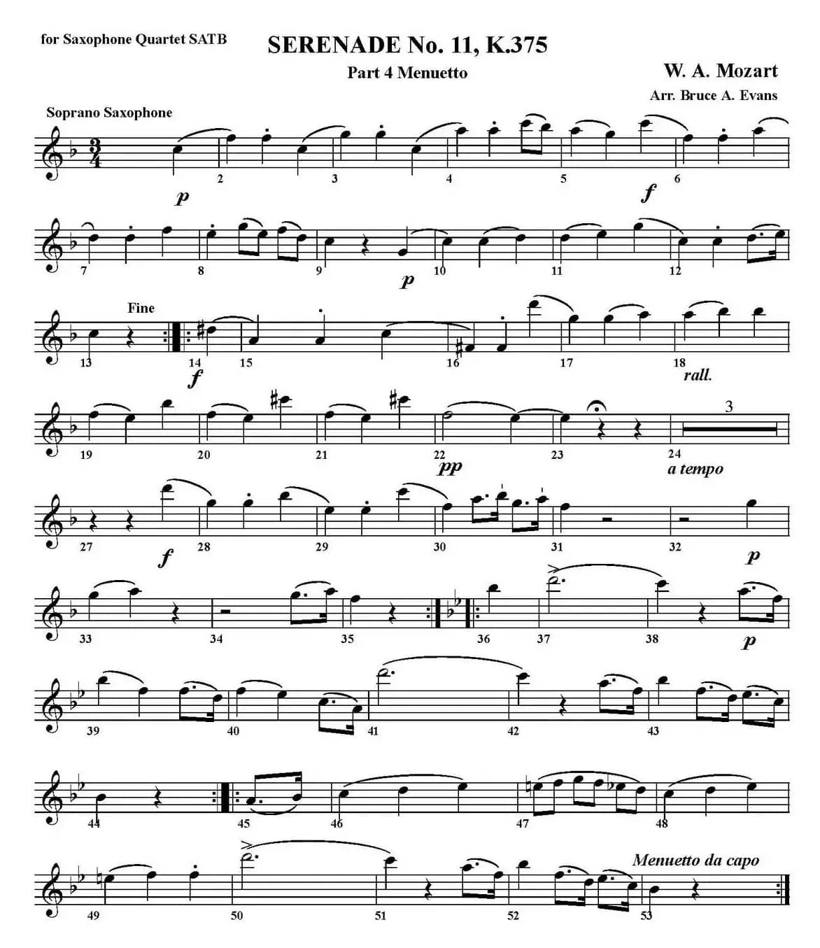 SERENADE No.11，K.375 Part 4 Menuetto（四重奏·高音萨克斯分谱）