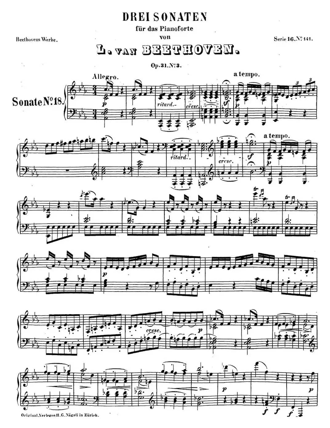 贝多芬钢琴奏鸣曲18 狩猎 降E大调 Op.31 No.3 E-flat major