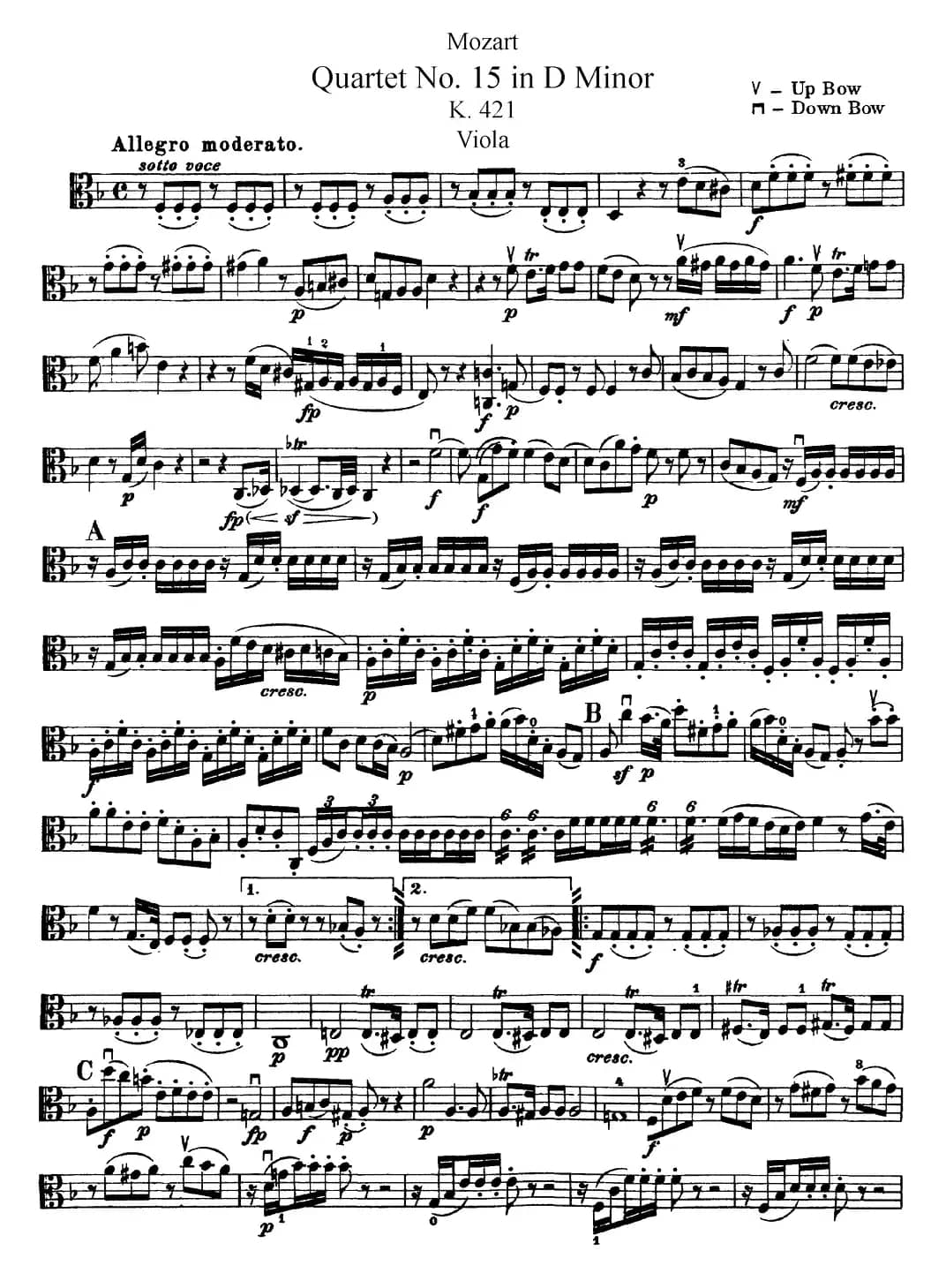 Mozart《Quartet No.15 in D Minor,K.421》（Viola分谱）