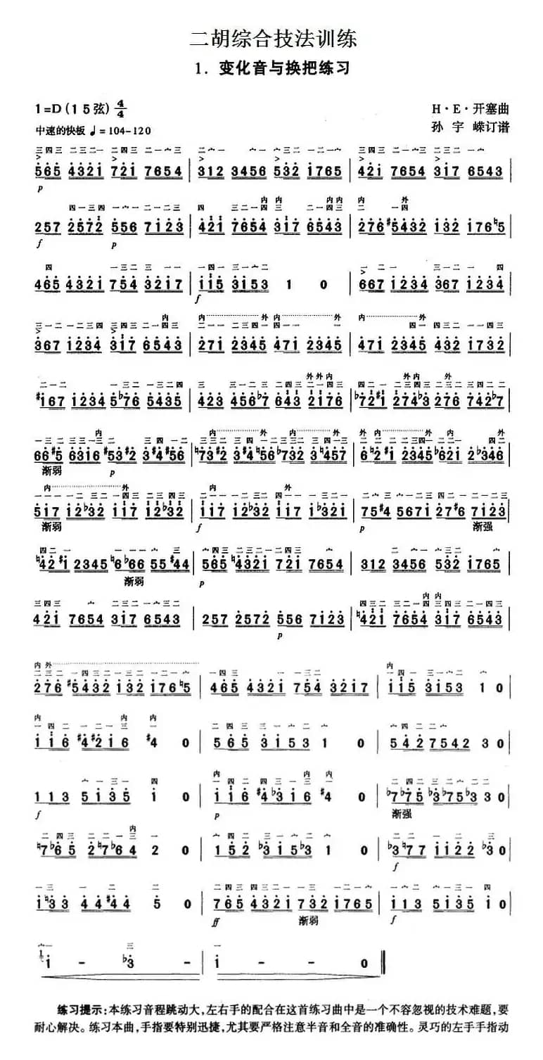 二胡综合技法训练：变化音与换把练习