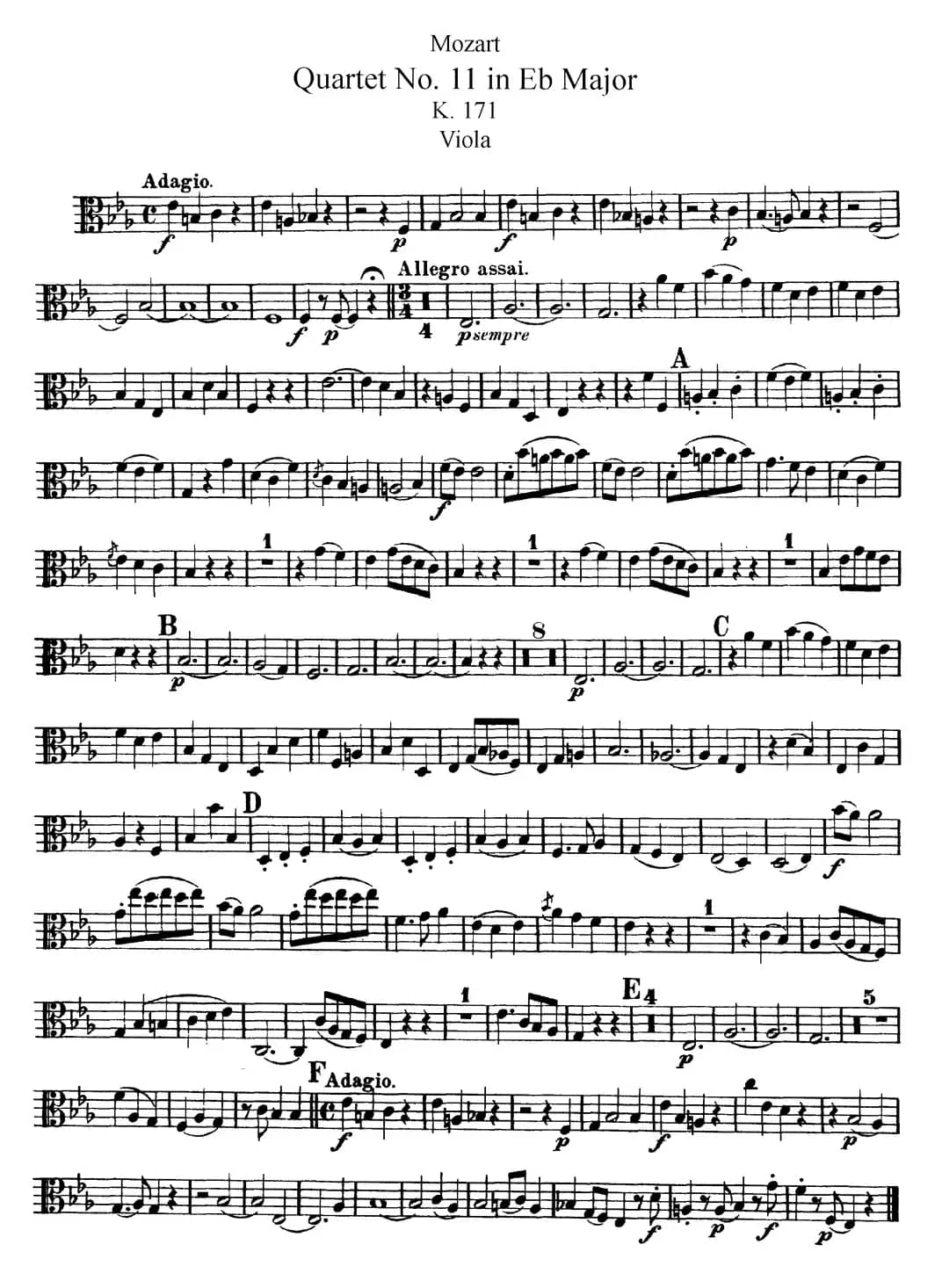 Mozart《Quartet No.11 in Eb Major,K.171》（Viola分谱）
