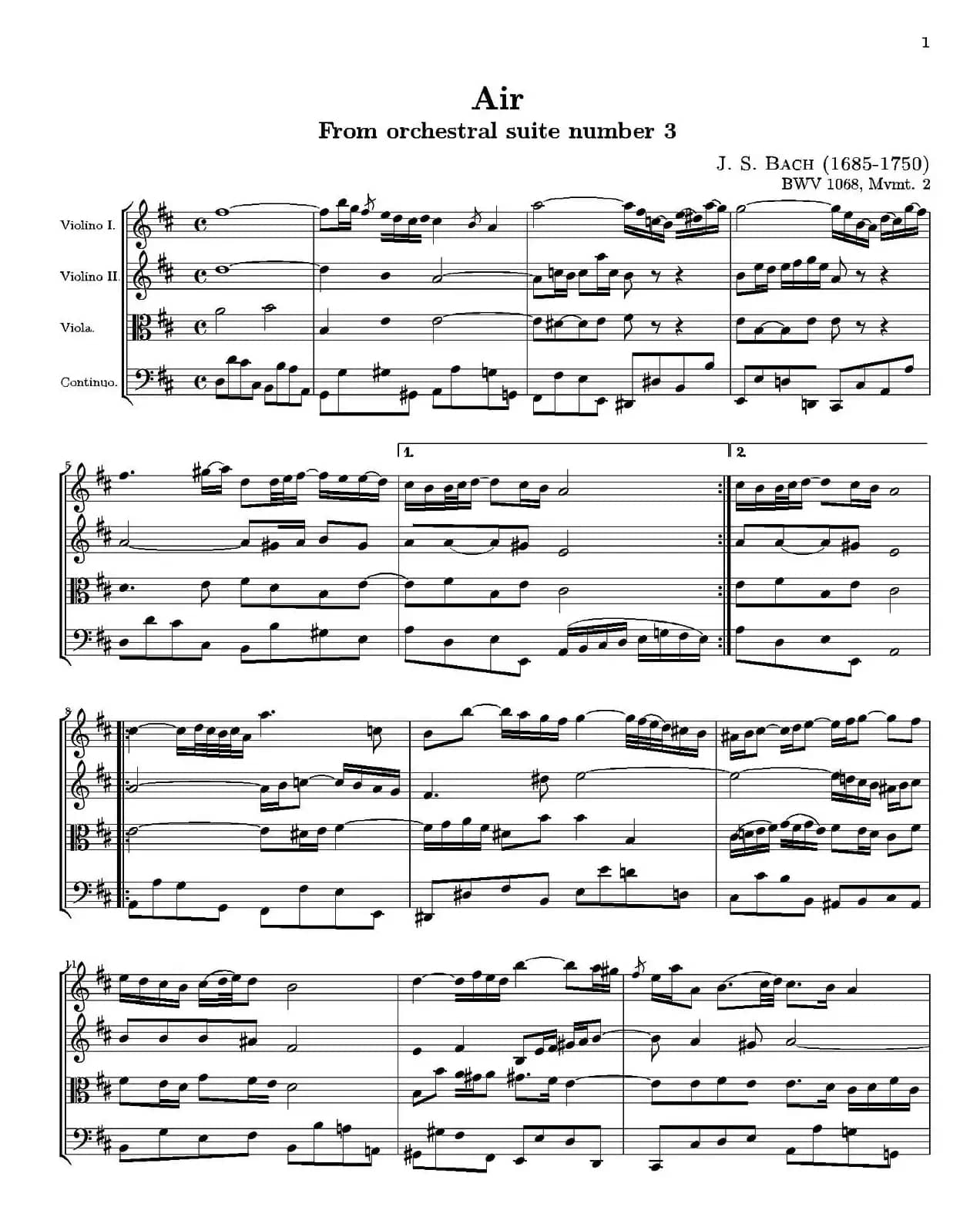 Air（From orchestral suite number 3 BWV1068）（弦乐四重奏）