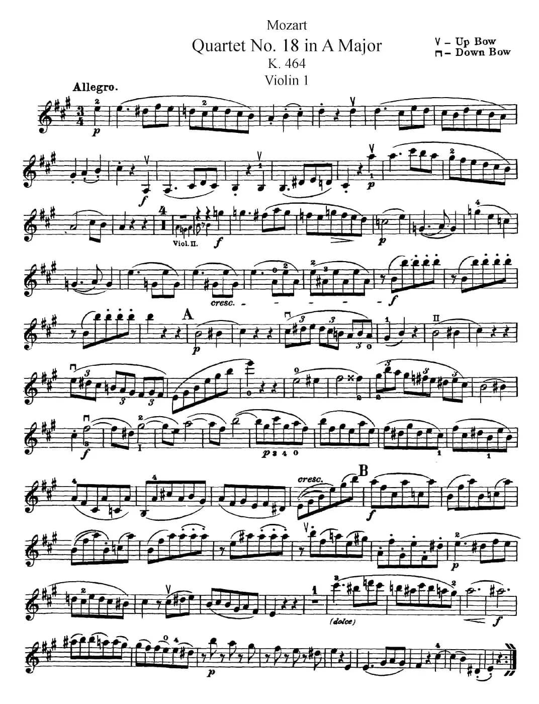 Mozart《Quartet No.18 in A Major,K.464》（Violin 1分谱）