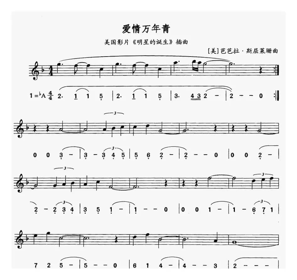 爱情万年青（美国影片《明星的诞生》插曲）（线简谱对照版）