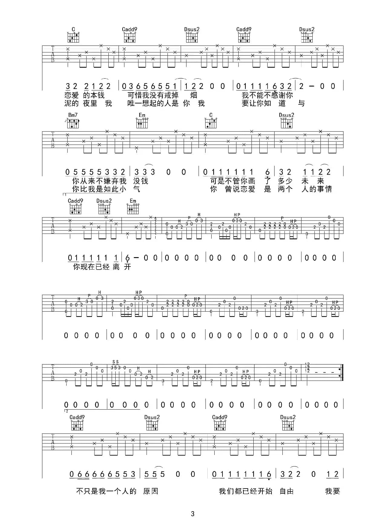 已是两条路上的人（吉他六线谱）