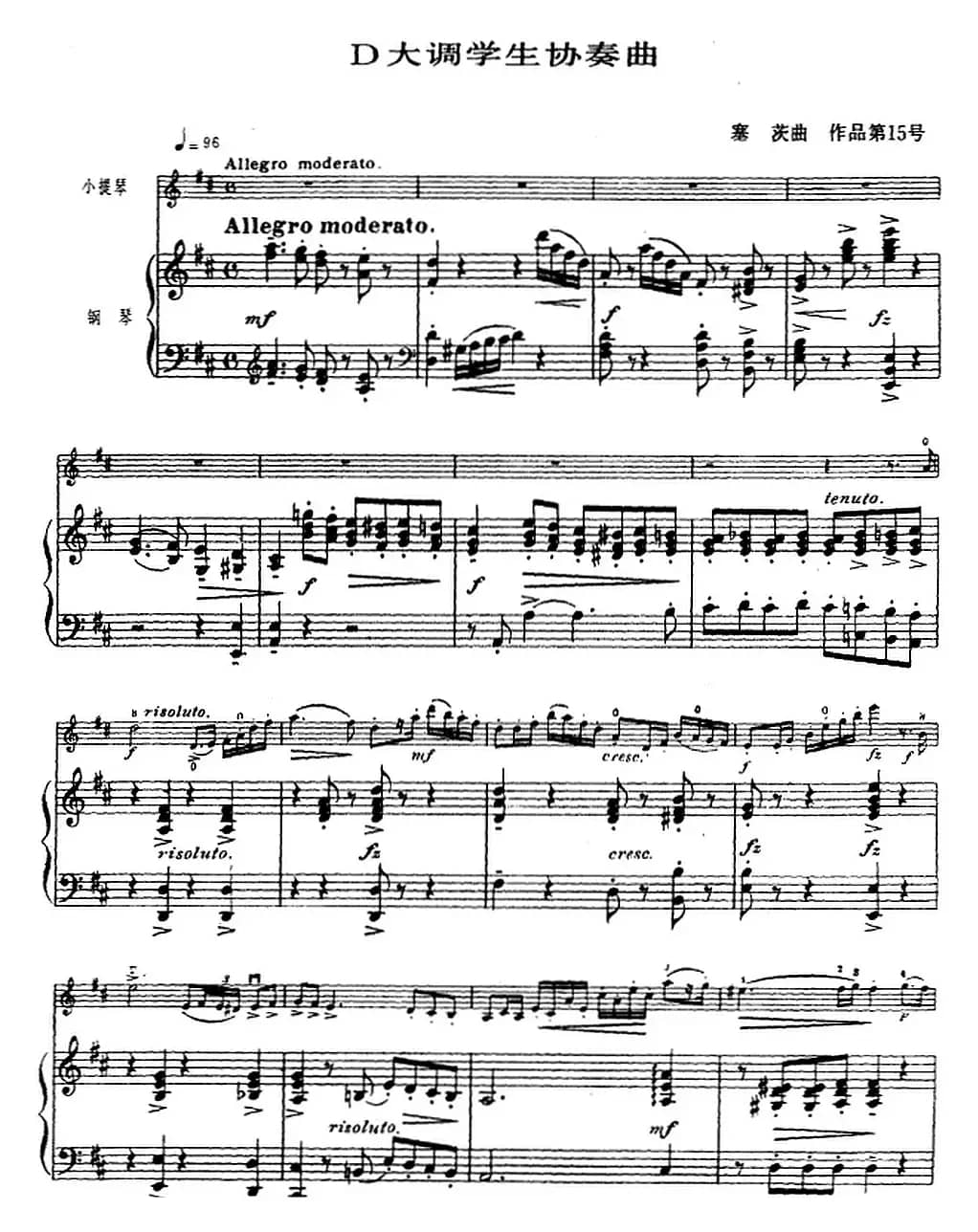 塞茨初级小提琴协奏曲Op.15（D大调学生协奏曲）