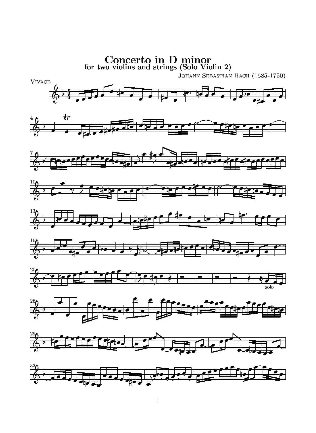 D小调无伴奏协奏曲（第二·独奏小提琴分谱）