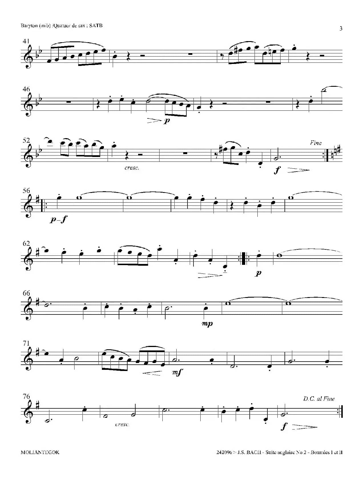 Suite anglaise No 2,BWV 807（法国组曲之二·布列舞曲）（上低音萨克斯分谱）