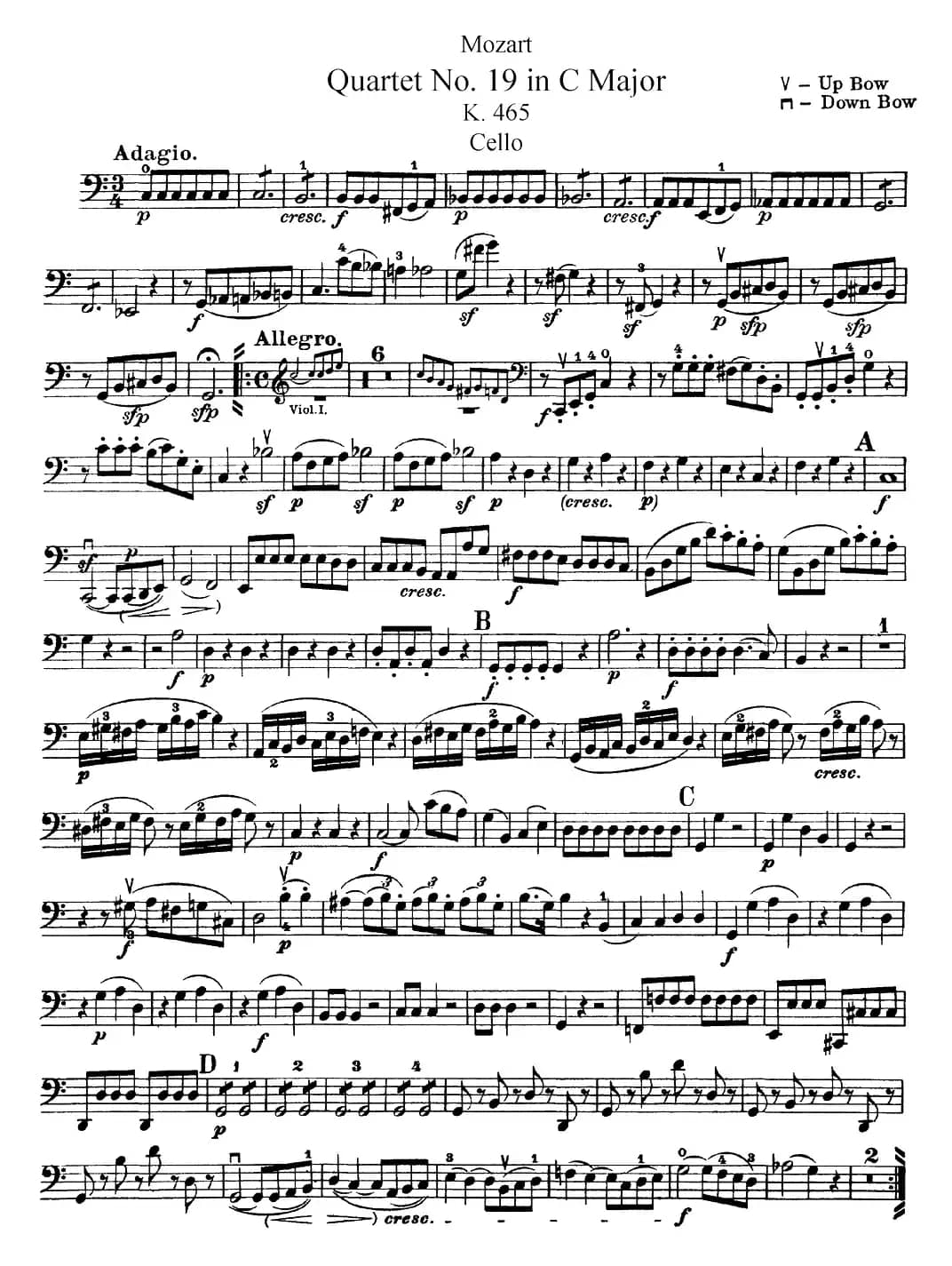Mozart《Quartet No.19 in C Major,K.465》（Cello分谱）