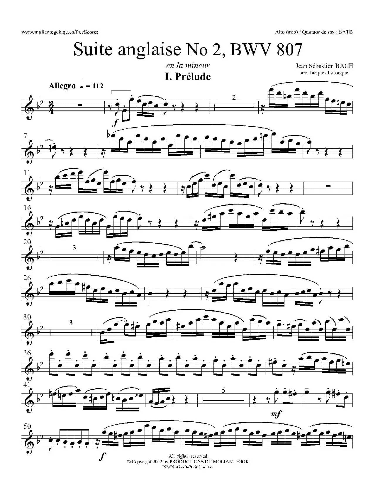 Suite anglaise No 2,BWV 807（法国组曲之二·前奏曲）（中音萨克斯分谱）