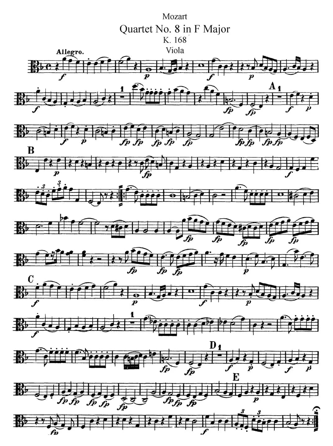 Mozart《Quartet No.8 in F Major,K.168》（Viola分谱）