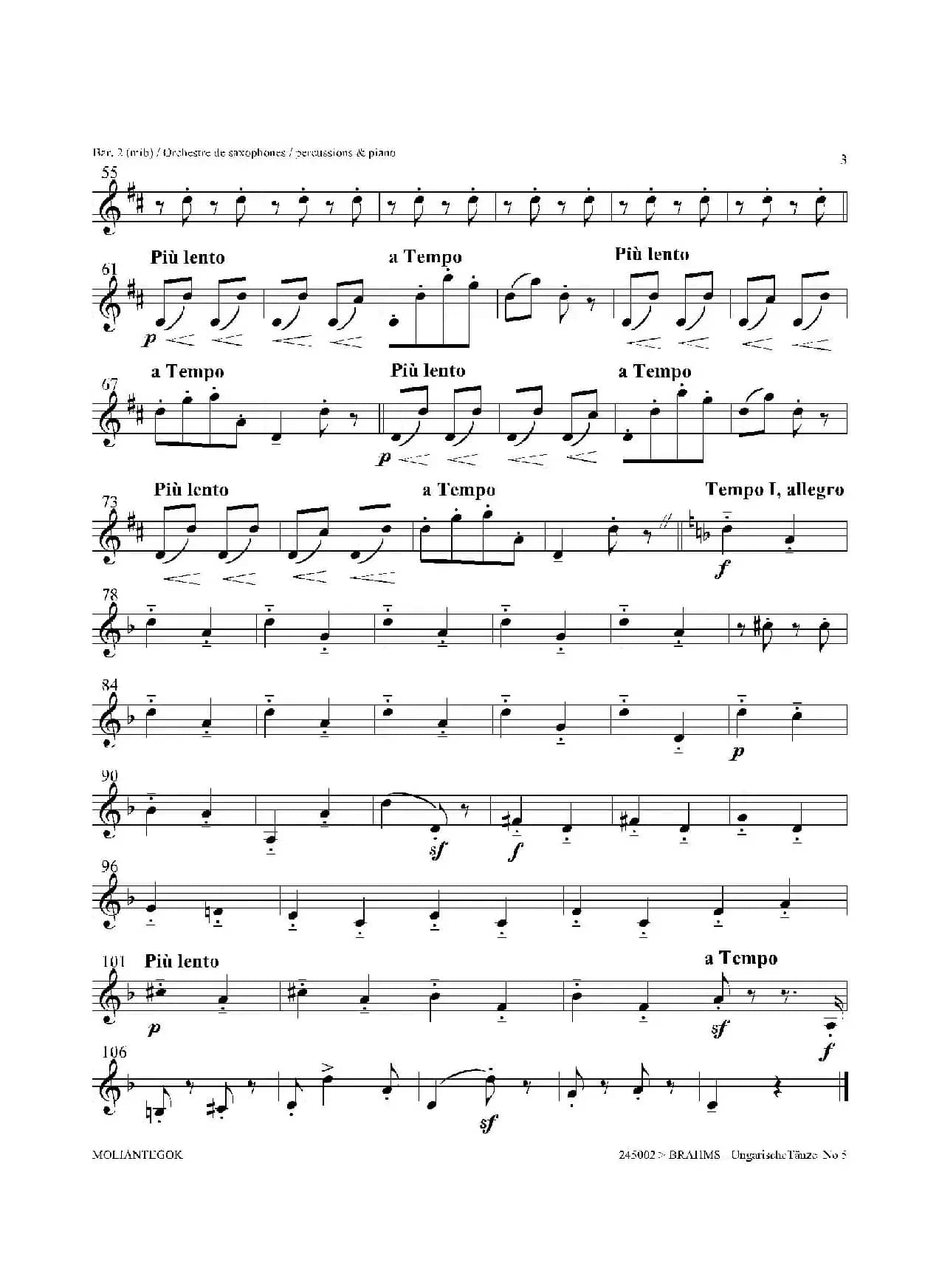 Ungarische Tnze No 5（十五重奏Bar.1-2-3分谱）