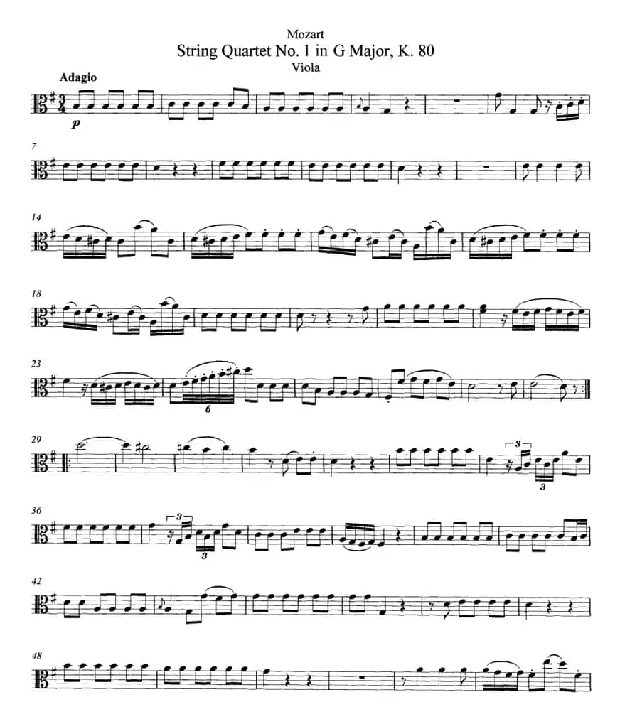 Mozart《String Quartet No.1 in G Major,K.80》（Viola分谱）