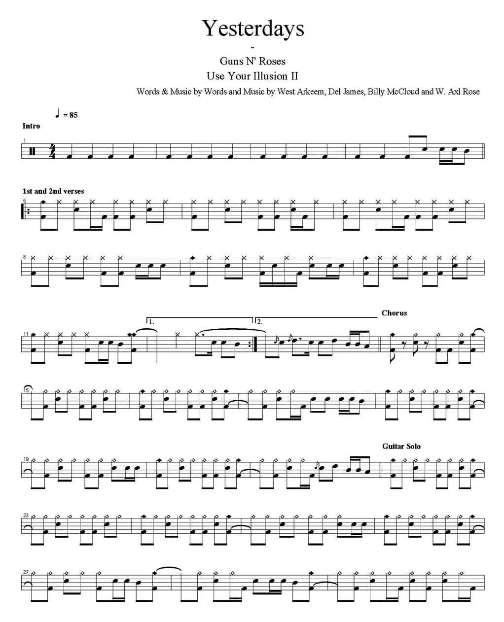 爵士鼓谱：Guns n' Roses - Yesterdays