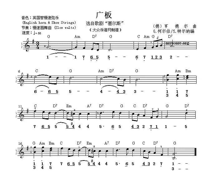 广板（选自歌剧《塞尔斯》）（双谱式电子琴谱）