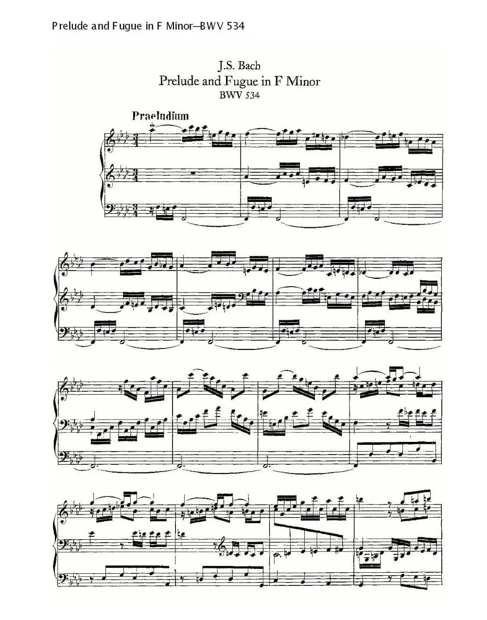 Prelude and Fugue in F Minor--BWV 534 (管风琴谱)