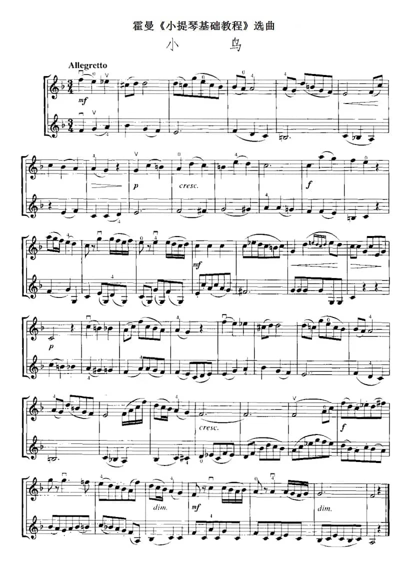 霍曼《小提琴基础教程》选曲：小鸟（二重奏）