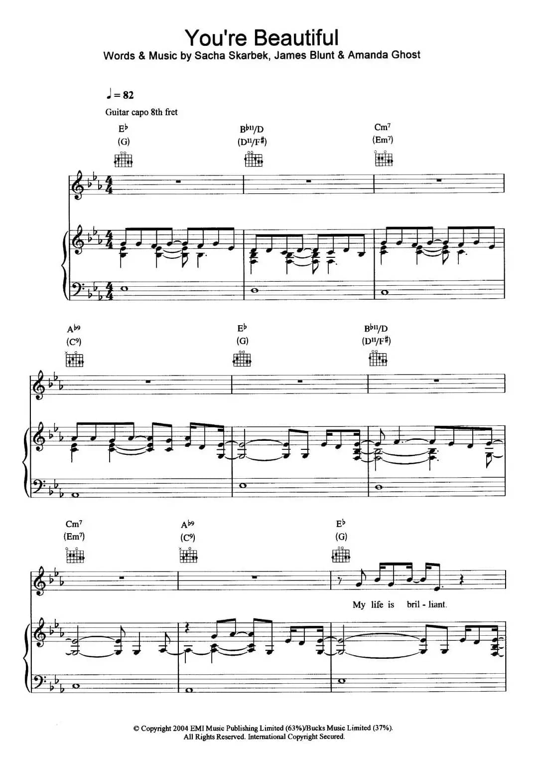 you‘re beatuiful（五线谱+钢琴伴奏）