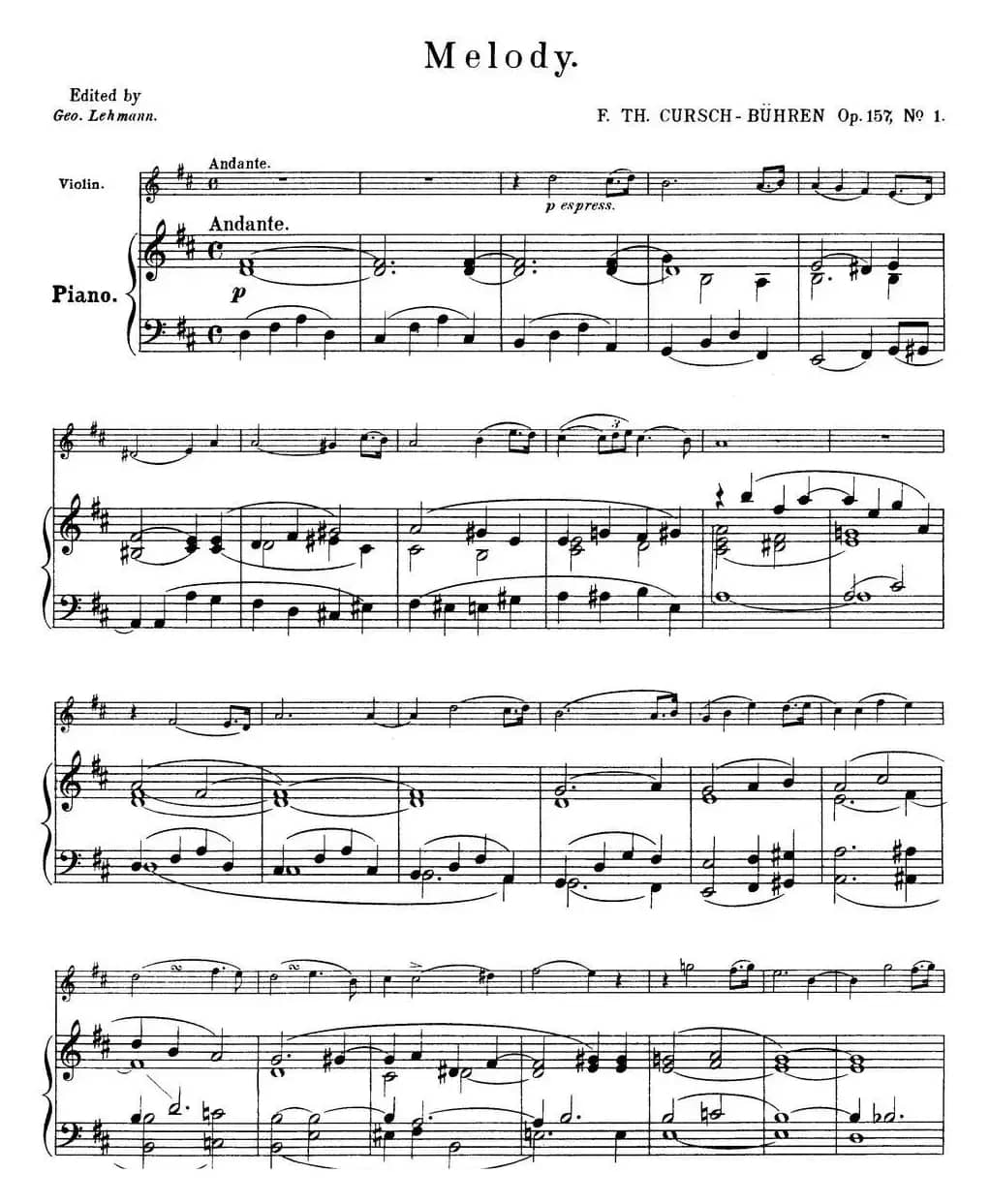 25首小提琴曲合集：Melody.（F. TH. CURSCH-BUHREN Op.157，No.1）（小提琴+钢琴伴奏）