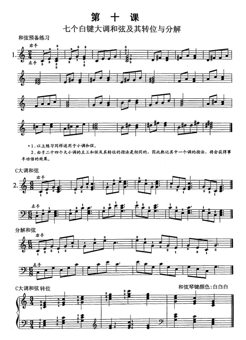 钢琴综合教程：第十课 七个白键大调和弦及其转位与分解