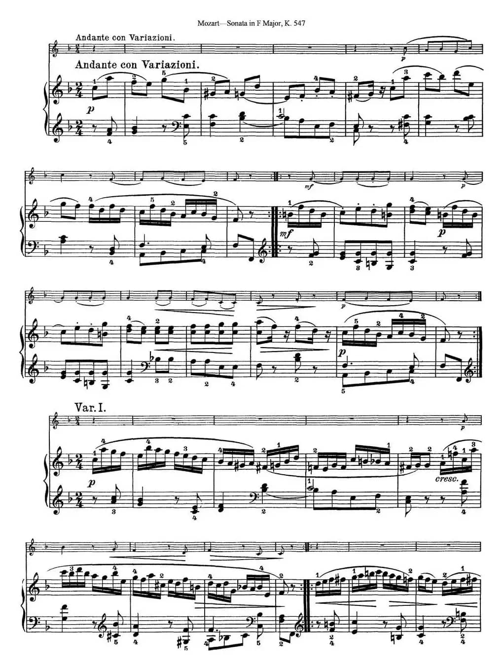 Violin Sonata in F Major K.547（小提琴+钢琴伴奏）