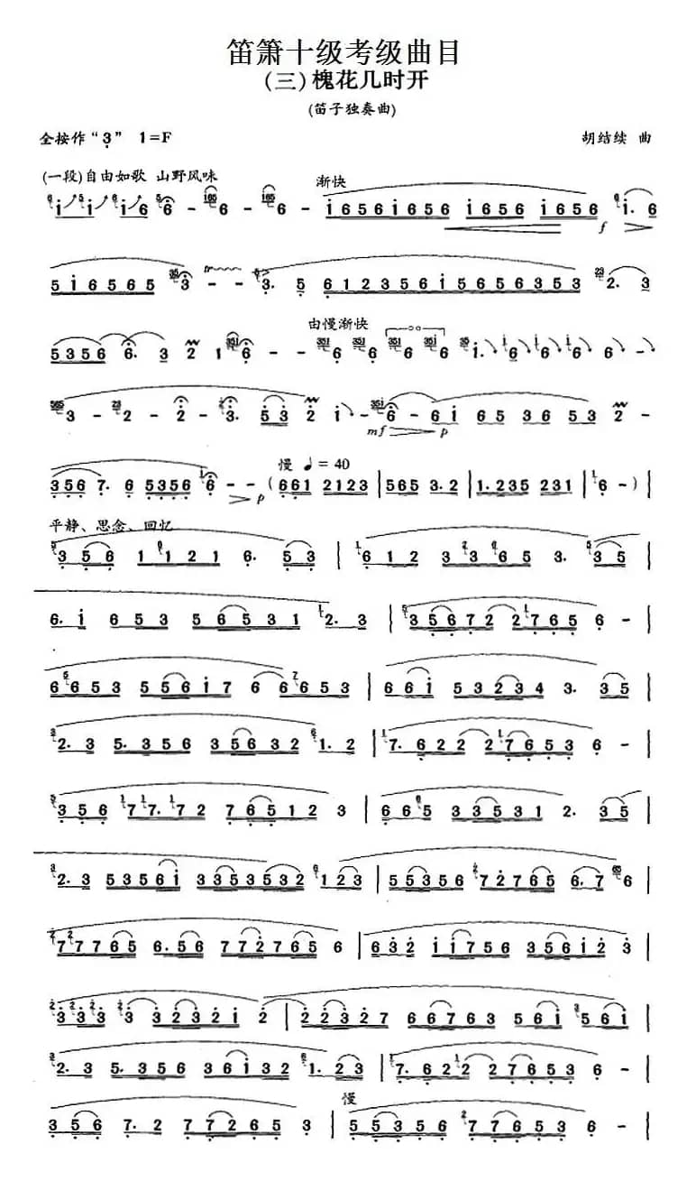 笛箫十级考级曲目：槐花几时开