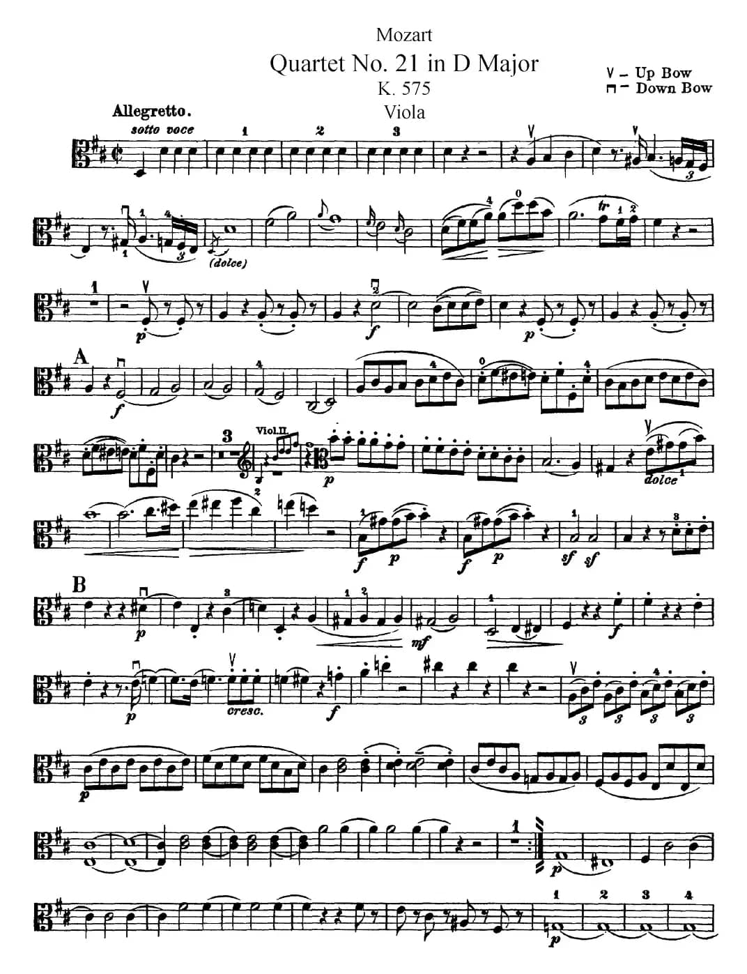 Mozart《Quartet No.21 in D Major,K.575》（Viola分谱）