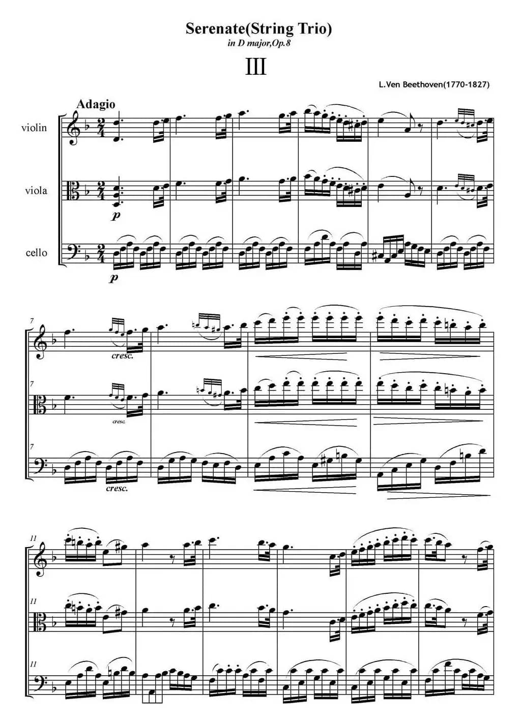 Serenate（String Trio）（D大调弦乐三重奏Op.8,III）