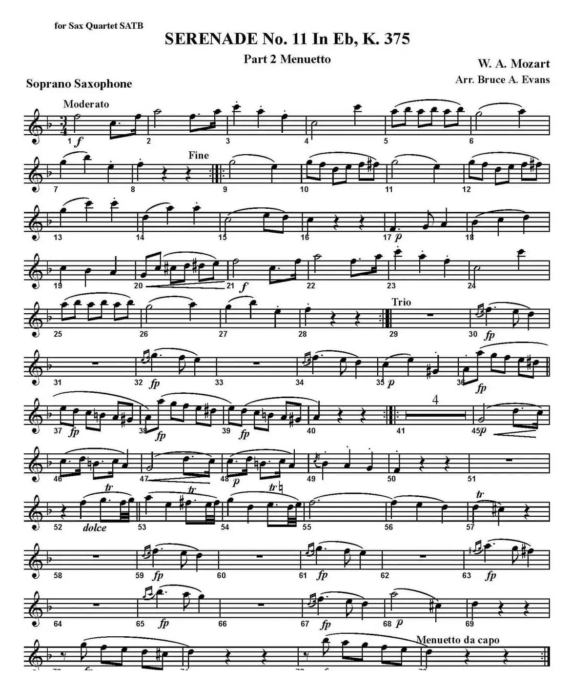 SERENADE No.11 in Eb，K.375 Part 2 Menuetto（四重奏·高音萨克斯分谱）