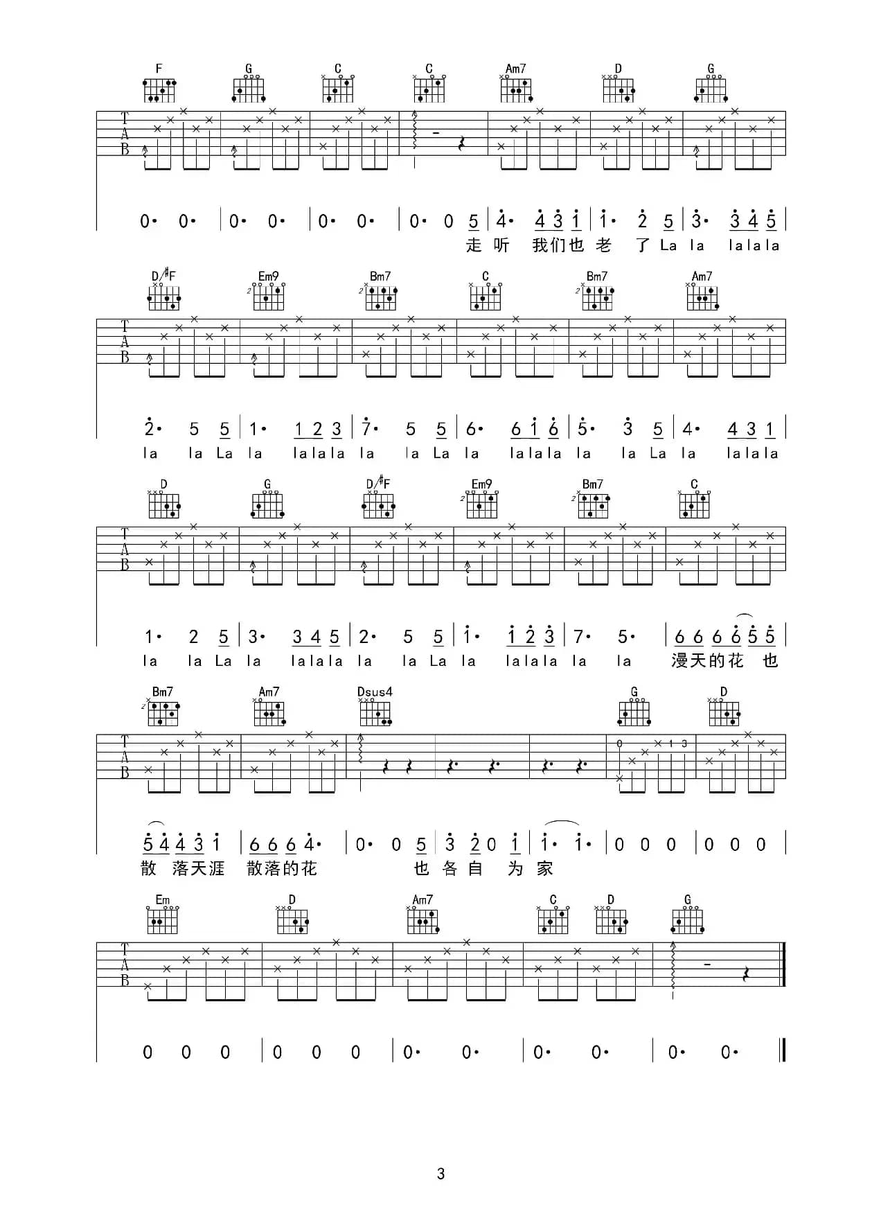 花落知多少（吉他六线谱）