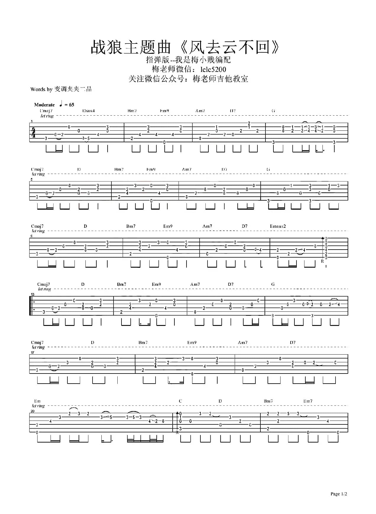 风去云不回（《战狼2》推广主题曲、指弹吉他谱 ）