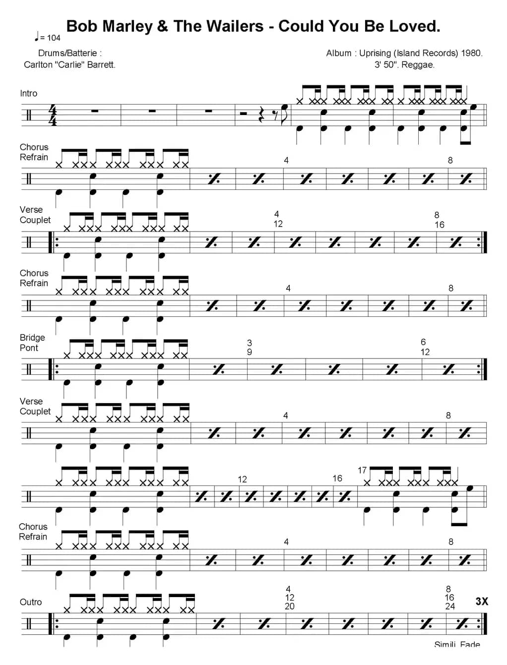 爵士鼓谱：Bob Marley - Could you be loved