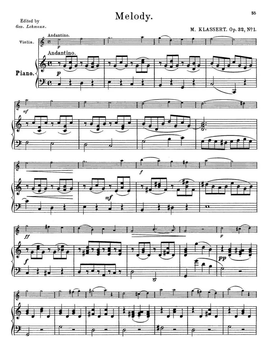 25首小提琴曲合集：Melody.（M. KLASSERT. Op.32，No.1）（小提琴+钢琴伴奏）