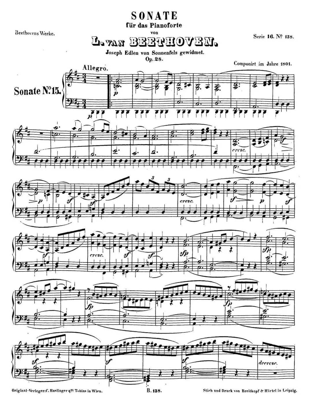 贝多芬钢琴奏鸣曲15 田园 D大调 Op.28 D major