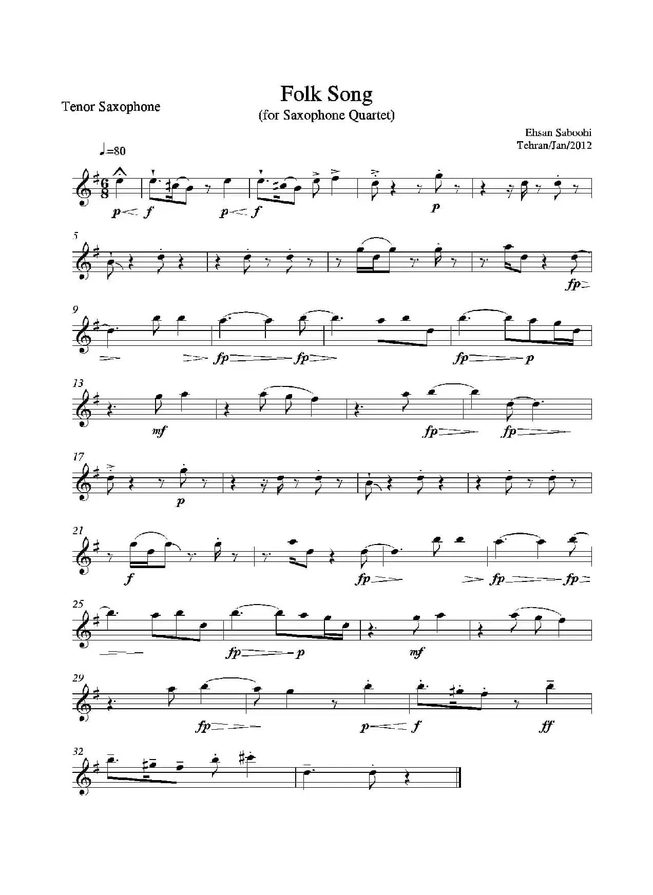 Folk Song（四重奏次中音萨克斯分谱）