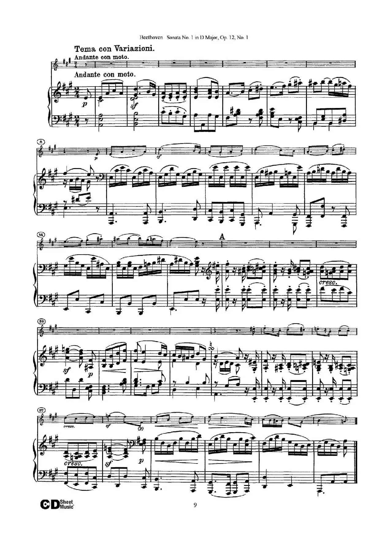 D大调第一小提琴奏鸣曲（Sonata No.1 in D Major Op.12,No.1）（小提琴+钢琴伴奏）