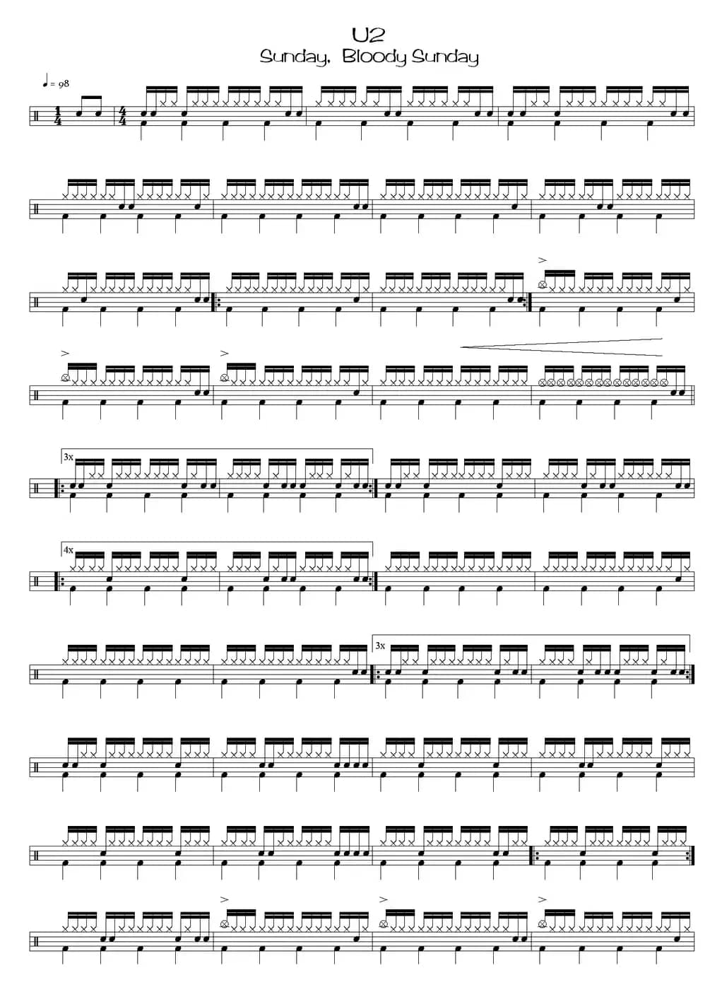 爵士鼓谱：U2 - Sunday bloody sunday