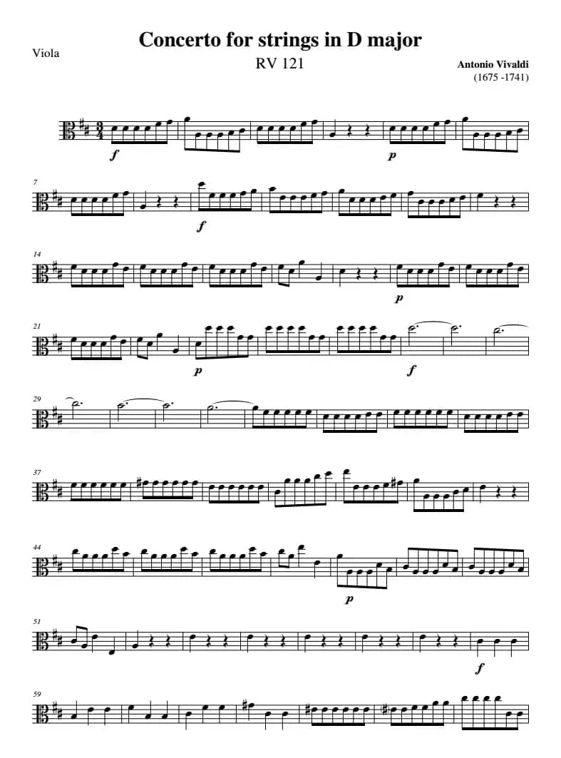Concerto for strings in D Major（RV121、Viola分谱）